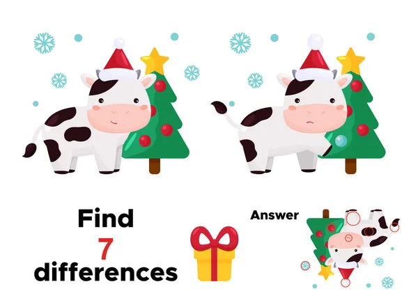 Çocuklar için eğitici bir oyun. Yedi farklılık bul. Yeni yıl sembolü Öküz. Noel ağacı olan sevimli çizgi film kawaii ineği. Etkinlik çalışma tablosu.