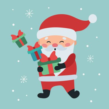 Noel Baba 'yla Noel tebrik kartı ve hediyeler. Kawaii çizgi film karakteri. Mutlu yıllar vektör illüstrasyonu.