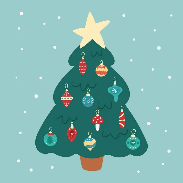 レトロな装飾が施されたベクトルフラットクリスマスツリー グリーティングカード 手描きイラスト — ストックベクタ