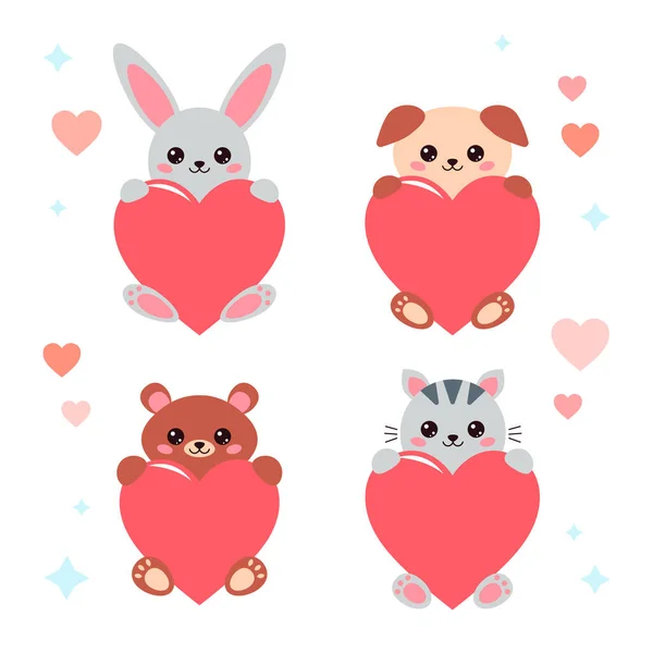 Kawaii São Valentim Dia Animais Com Coração Personagens Desenho Animado — Vetor de Stock