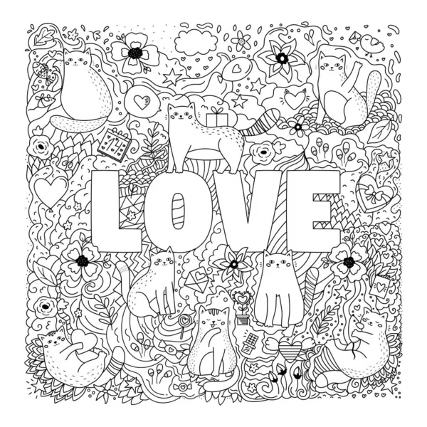 Dia de São Valentim página para colorir com gatos bonitos, flores, doces e brinquedos. Doodles desenhados à mão. Carta de felicitações com amor. Desenho ilustração vetorial. — Vetor de Stock