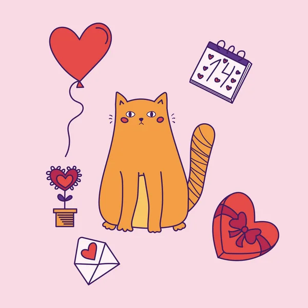 Pozdrav na svatého Valentýna. Ručně kreslená kočka s květinou, sladkostmi, kalendářem, milostným dopisem a balónem. Vektorová ilustrace. — Stockový vektor