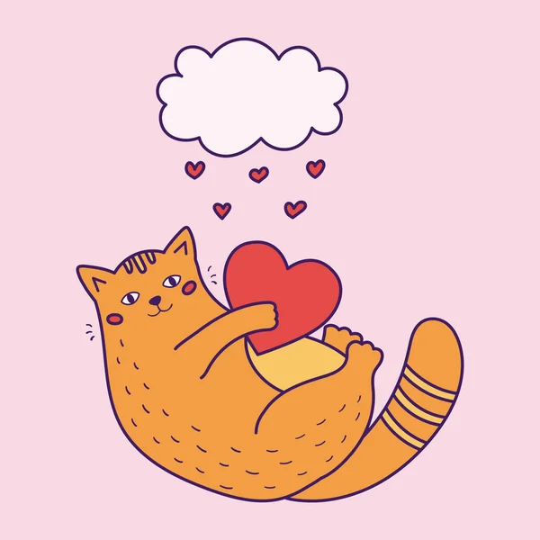 Gato gordo divertido con corazón y nube. Tarjeta de felicitación Doodle San Valentín. Ilustración vectorial dibujada a mano. — Archivo Imágenes Vectoriales