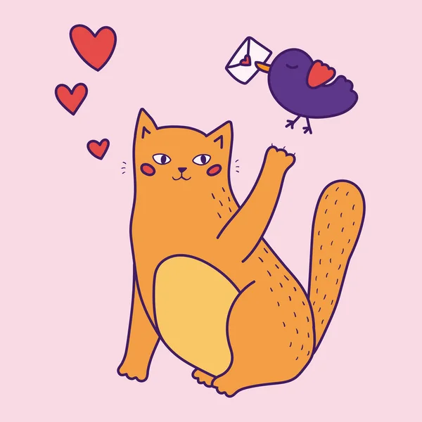 Αστεία γάτα και πουλί με ερωτικό γράμμα. Χειροποίητη ευχετήρια κάρτα Αγίου Βαλεντίνου. Εικονογράφηση διανύσματος. — Διανυσματικό Αρχείο