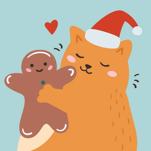 Natal cartão de saudação com gato bonito e homem de gengibre. Desenhos animados infantis ilustração vetorial. Feliz Ano Novo cartão postal. —  Vetores de Stock
