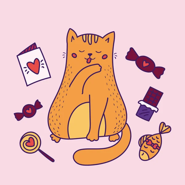 Χαριτωμένη γάτα κινουμένων σχεδίων με γλυκά, καραμέλα, σοκολάτα, γλειφιτζούρια και ψάρια. Doodle Αγίου Βαλεντίνου ευχετήρια κάρτα. Χειροκίνητη διανυσματική απεικόνιση. — Διανυσματικό Αρχείο