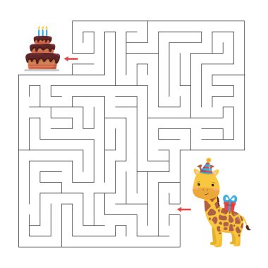 Birthday maze game for children. Help the giraffe find right way to cake. Cute cartoon character. Educational printable worksheet. clipart