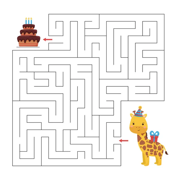 Birthday maze game for children. Help the giraffe find right way to cake. Cute cartoon character. Educational printable worksheet. — Stock Vector