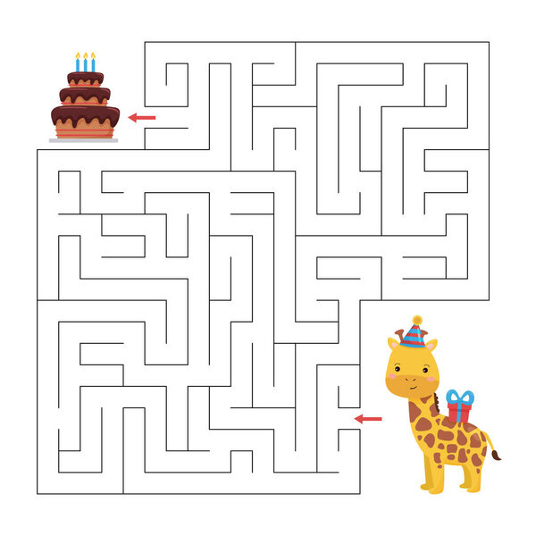 День рождения лабиринт игры для детей. Справка жирафа найти правильный путь к торту. Симпатичный мультяшный персонаж. Учебный лист для печати.