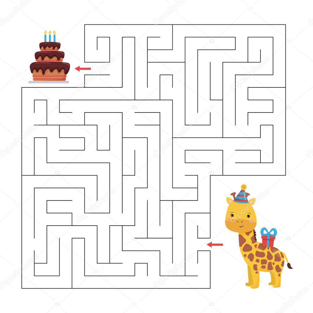Birthday maze game for children. Help the giraffe find right way to cake. Cute cartoon character. Educational printable worksheet.