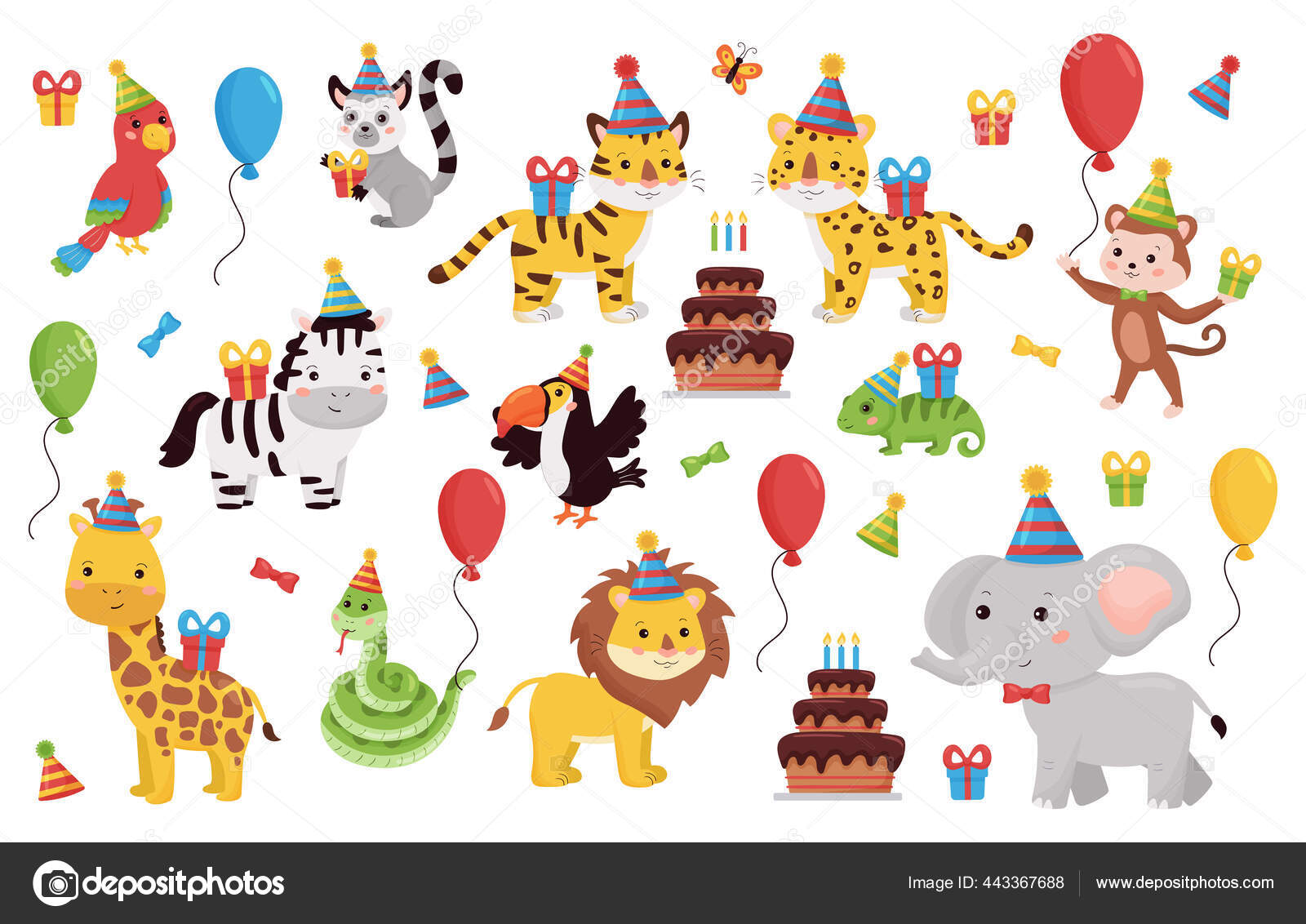 Birthday animals set. Cartoon characters collection with gifts, balloons  and cake. Kids party design for greeting, invitation cards. African and  jungle animals. Stock Vector Image by ©kristina0702 #443367688