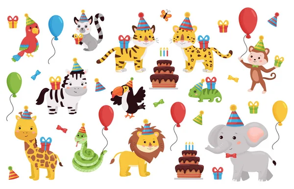 Conjunto de animales de cumpleaños. Colección de personajes de dibujos animados con regalos, globos y pastel. Diseño de fiesta para niños para saludos, tarjetas de invitación. Animales africanos y de la selva. — Archivo Imágenes Vectoriales