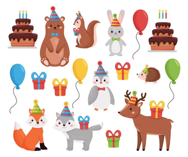 Narozeninová sbírka lesních zvířat. Vektorová ilustrace pro pozvánky a přání k pozdravu. Cartoon lesní zvířata s balónky, dárky a dort. Párty pro děti. — Stockový vektor