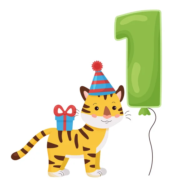 Lindo tigre de dibujos animados con el número de globo. Ilustración vectorial Feliz cumpleaños. Diseño de tarjetas de felicitación e invitación para niños de un año. — Vector de stock