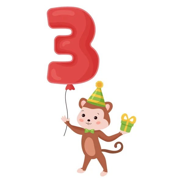 Scimmia divertente con palloncino numerico. Buon compleanno auguri e design biglietto d'invito per bambini di tre anni. — Vettoriale Stock