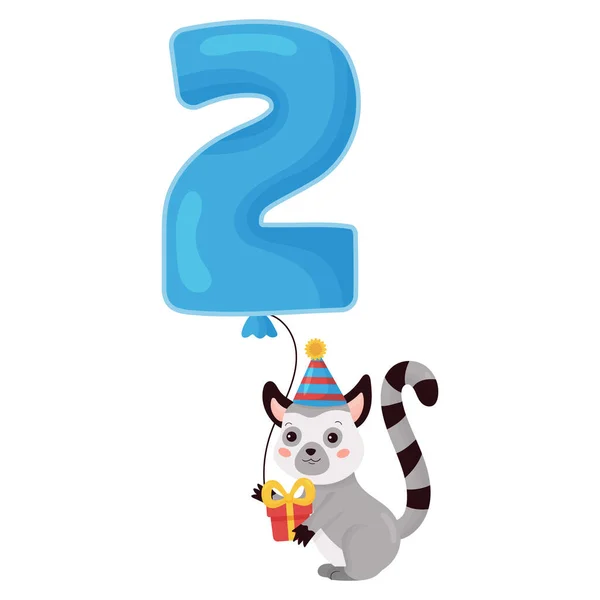 Lemur s číselným balónem. Šťastné narozeniny. Pozdrav a návrh pozvánky pro dva roky staré děti. Kreslený vektorový znak. — Stockový vektor