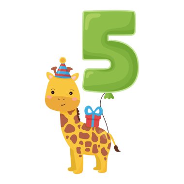 Tebrik ve davetiye kartı tasarımı için mutlu yıllar vektör illüstrasyonları. Beş numaralı balonlu zürafa..