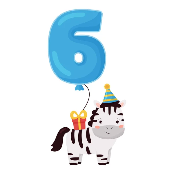 Zebra de desenho animado engraçada com presente e balão de número - seis. Ilustração do vetor para o projeto feliz do cartão da saudação do aniversário. Festa para crianças. —  Vetores de Stock