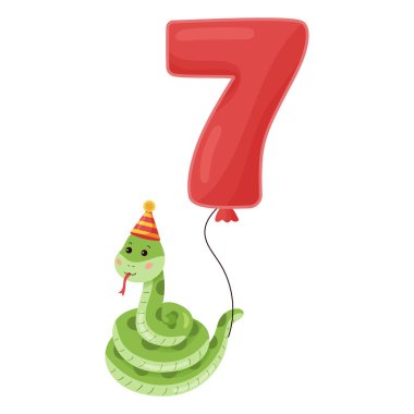 Balon numarası olan sevimli çizgi film yılanı. Tebrik kartı için iyi ki doğdun. Yedi yaşındaki çocuklar için. Orman hayvanları.