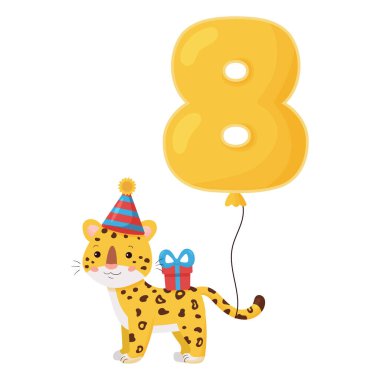 Leopar ve balon numaralı doğum günü tebrik kartı için vektör illüstrasyonu- sekiz. Çizgi film orman hayvanı. Selamlama ya da davetiye kartı tasarımı için.