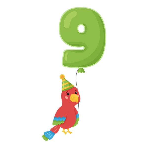 풍선달린 귀여운 만화붉은 앵무새. 행복 한 생일을 축하 한다. 아홉 살된 어린이들을 위한 인사말과 초대장 디자인. — 스톡 벡터