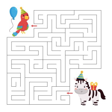 Çocuklar için mutlu yıllar labirent oyunu. Şirin papağan ve hediyeli zebra. Labirent çalışma kâğıdı. Orman hayvanları.