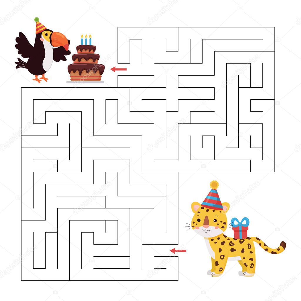 Maze game for birthday party. Cute cartoon jungle animals characters. Toucan bird with cake and leopard with gift. Educational printable worksheet.