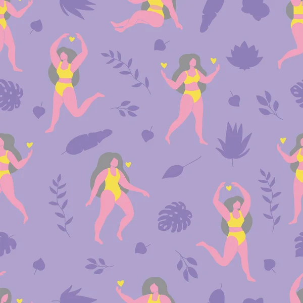 Abstrakcyjny kobiecy bezszwowy wzór. Kobiety ubrane w bikini. Ciało pozytywne. Liście tropikalne i sylwetki kwiatów. Międzynarodowy Dzień Kobiet. — Wektor stockowy
