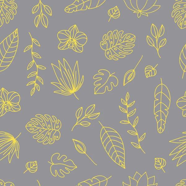 Vektornahtloses Muster mit tropischen Blüten und Blättern. Trendfarben: gelb und grau. Handgezeichnete Doodle-Pflanzen. — Stockvektor