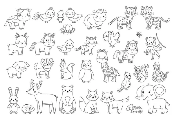 Big animals set for coloring book. Outline vector illustration for children. Cute cartoon characters. Farm, forest and jungle animals. — Stock Vector