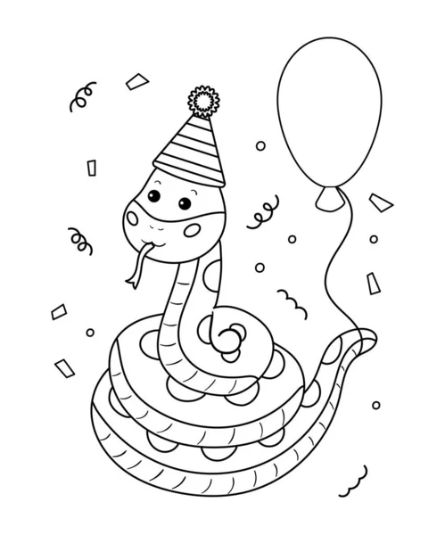 Jungla para colorear página para niños. Feliz cumpleaños vector ilustración. Linda serpiente de dibujos animados con globos y regalos. — Vector de stock