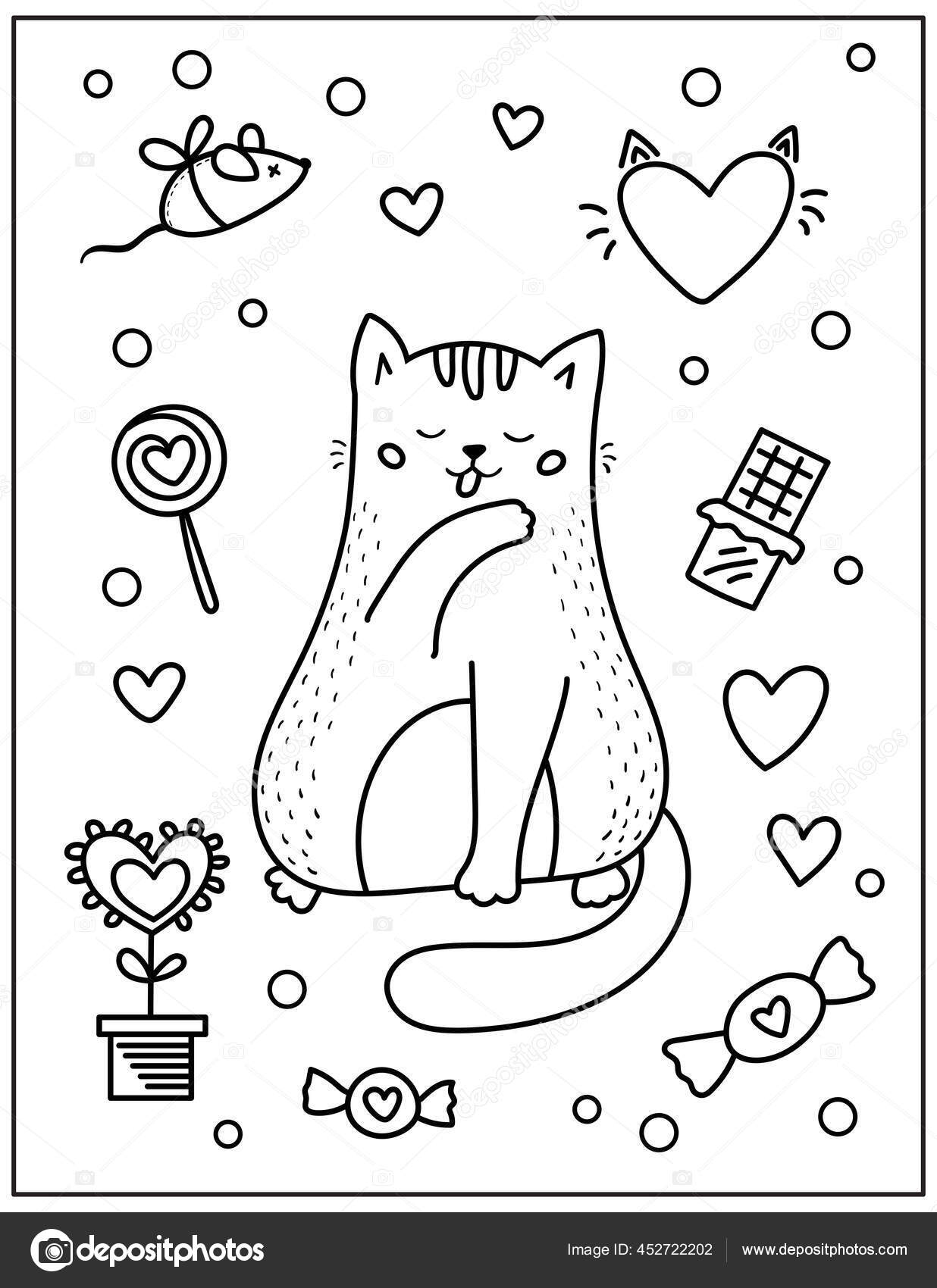 Desenho para colorir para crianças com gato engraçado, chocolate, doces,  brinquedos e corações. Dia dos Namorados ilustração vetorial. Personagem de  desenho animado desenhado à mão. imagem vetorial de kristina0702© 452722202