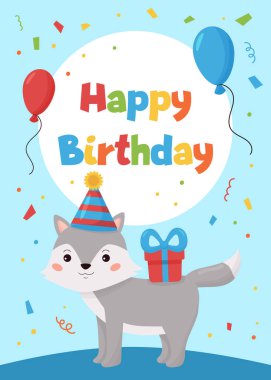 Çocuklar için tebrik kartı. Doğum günü partin kutlu olsun. Orman hayvanları. Hediye ve balonlu şirin bir kurt..