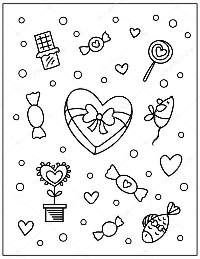 Coloring page for children and adults. Hand drawn doodle sweets and toys for cat. Outline vector illustration.
