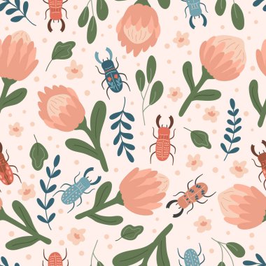 Protea ve geyik böcekleriyle bahar çiçeksiz desen. El çizimi çiçekler, bitkiler ve böcekler. Moda pastel renkler.