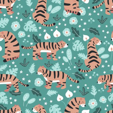 Kaplanlar ve tropikal bitkilerle dolu dikişsiz orman deseni. El çizimi vahşi kediler, çiçekler ve yeşil arka planda yapraklar. Vektör illüstrasyonu.