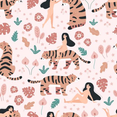 Çıplak kadın ve kaplanlarla kusursuz bir düzen. Pembe arka planda tropik çiçekleri karala. Vahşi orman hayvanları.