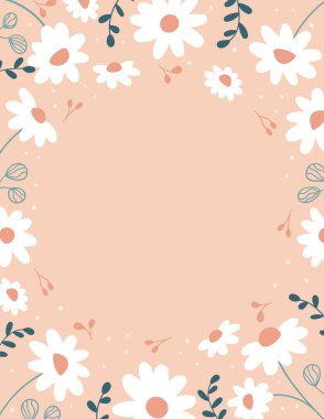 Papatya çiçekli vektör çerçevesi ve pembe arka planda soyut yapraklar. Bahar karalama bitkileri. Tebrik kartı, davet ve pankart için şablon.