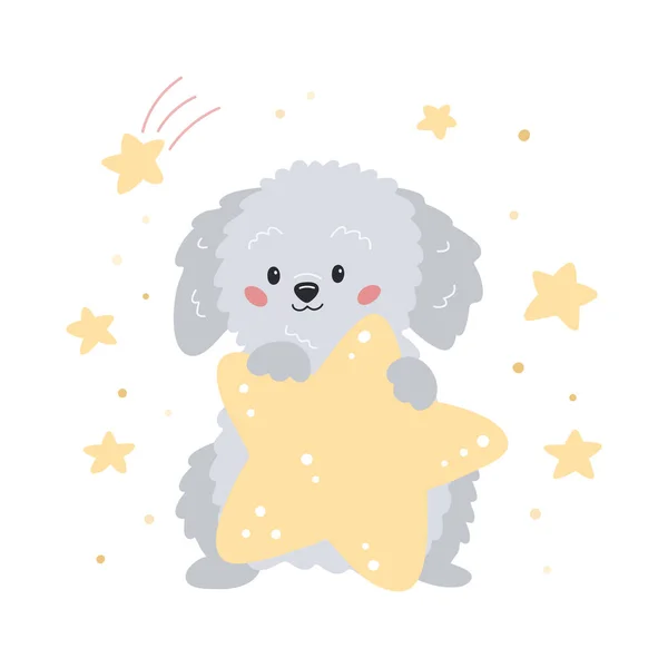 Carino cucciolo di cartone animato con stella. Cane labradoodle disegnato a mano. Illustrazione vettoriale per bambini stampa poster, vivaio, biglietto di auguri e adesivo. — Vettoriale Stock