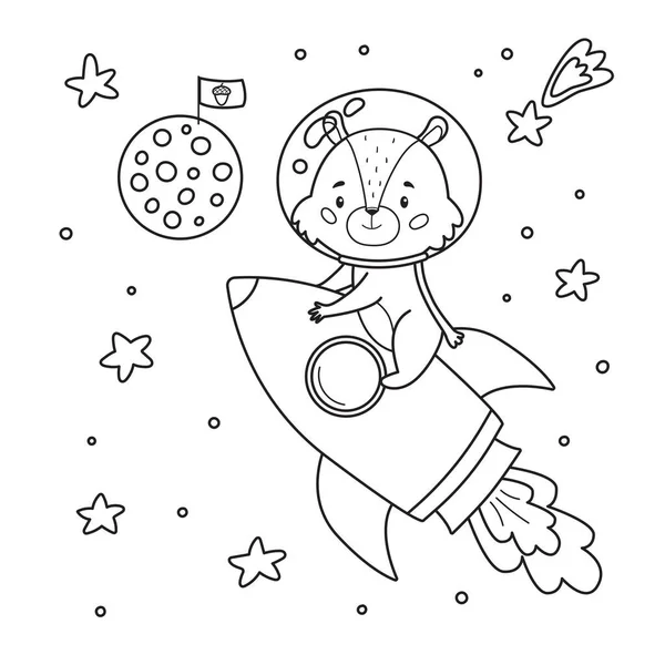 Página para colorear para niños. Con linda ardilla de dibujos animados en el cohete. Luna dibujada a mano con bandera. Tema espacial. Esquema blanco negro ilustración. — Vector de stock