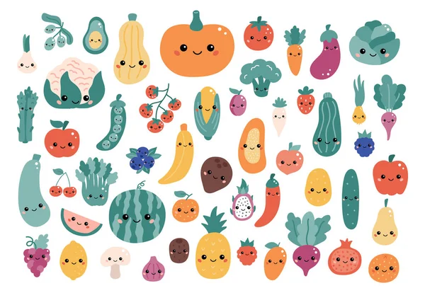 Vektorset aus Kawaii-Cartoon-Gemüse und Obst mit lustigen Gesichtern. Handgezeichnetes Doodle Food für Kinder. Flache Stildarstellung. — Stockvektor