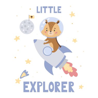 Cute cartoon chipmunk on rocket. Lettering little explorer. Space theme. Poster for nursery, greeting card or banner. Vector flat style illustration.