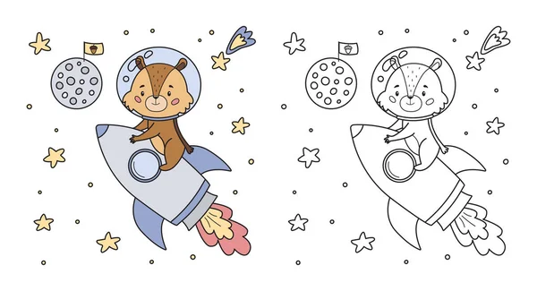 Coloring page for children with cute cartoon chipmunk on rocket. Outline black and white vector illustration. Space theme. — Stok Vektör