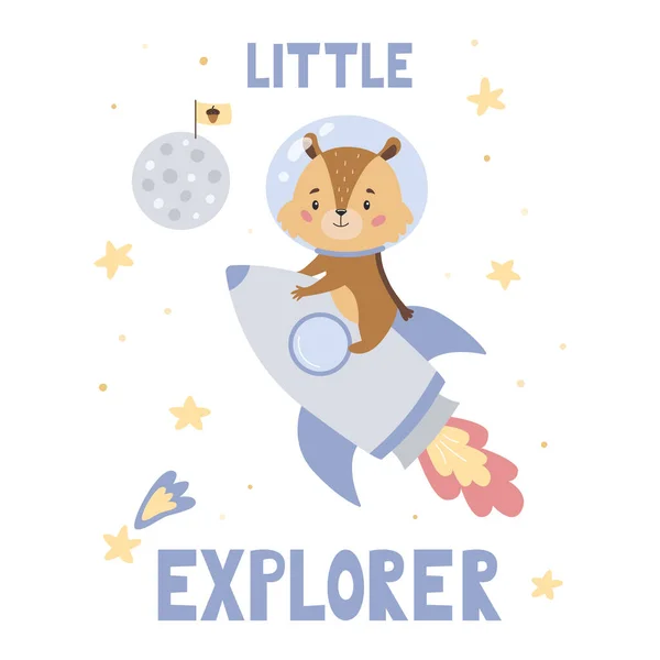 Cute cartoon chipmunk on rocket. Lettering little explorer. Space theme. Poster for nursery, greeting card or banner. Vector flat style illustration. — Stok Vektör