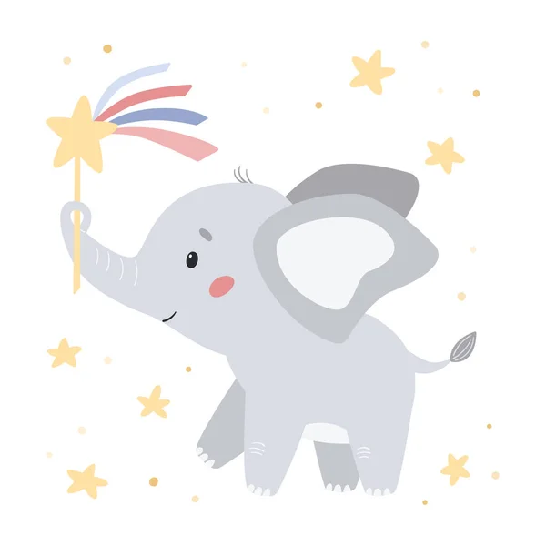 Elefante bonito com varinha mágica e estrelas. Personagem de desenhos animados. Doodle animal. Cartaz de ilustração vetorial para berçário, cartões de felicitações e convites. —  Vetores de Stock