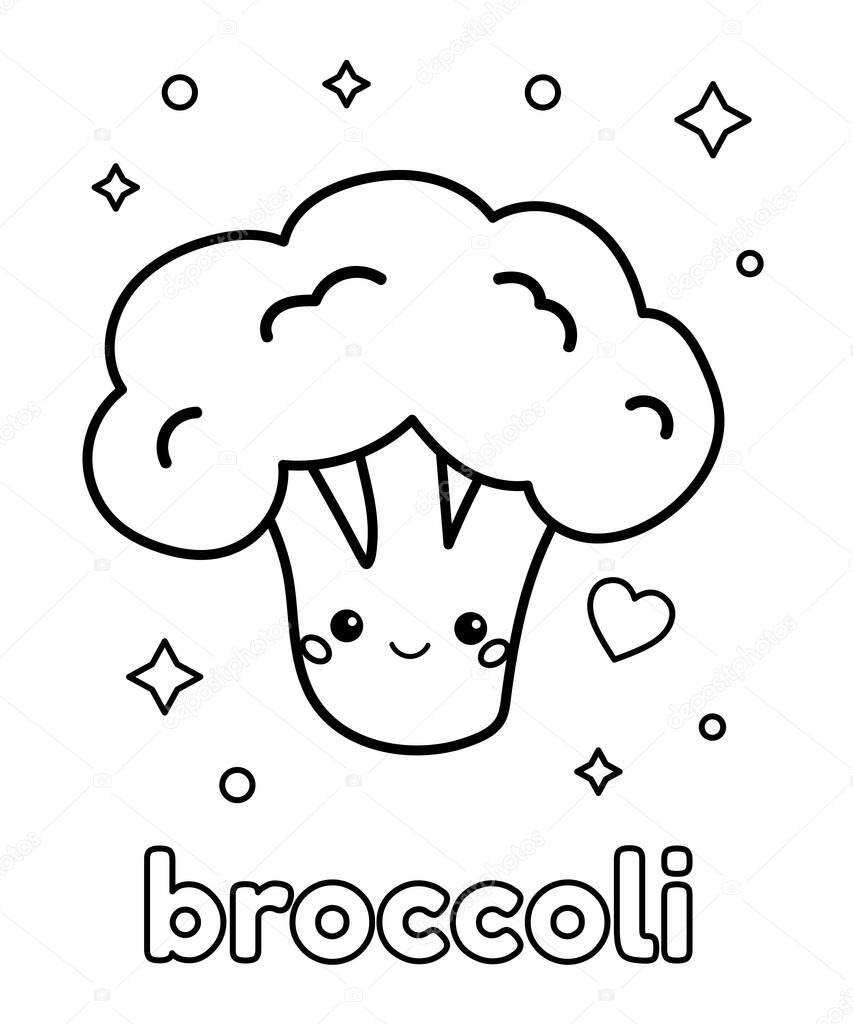 Coloring page for children. Cute kawaii broccoli with face. Healthy food. Black white outline vector illustration.