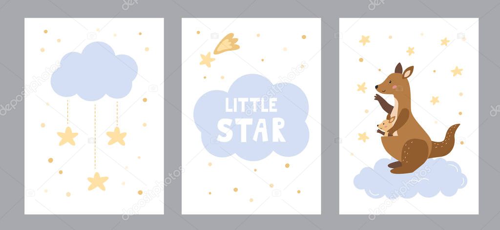 Vector set of greeting cards and posters for nursery. Mother kangaroo with her baby, clouds and stars. Lettering little star. Hand drawn cartoon animal. Vector illustration.