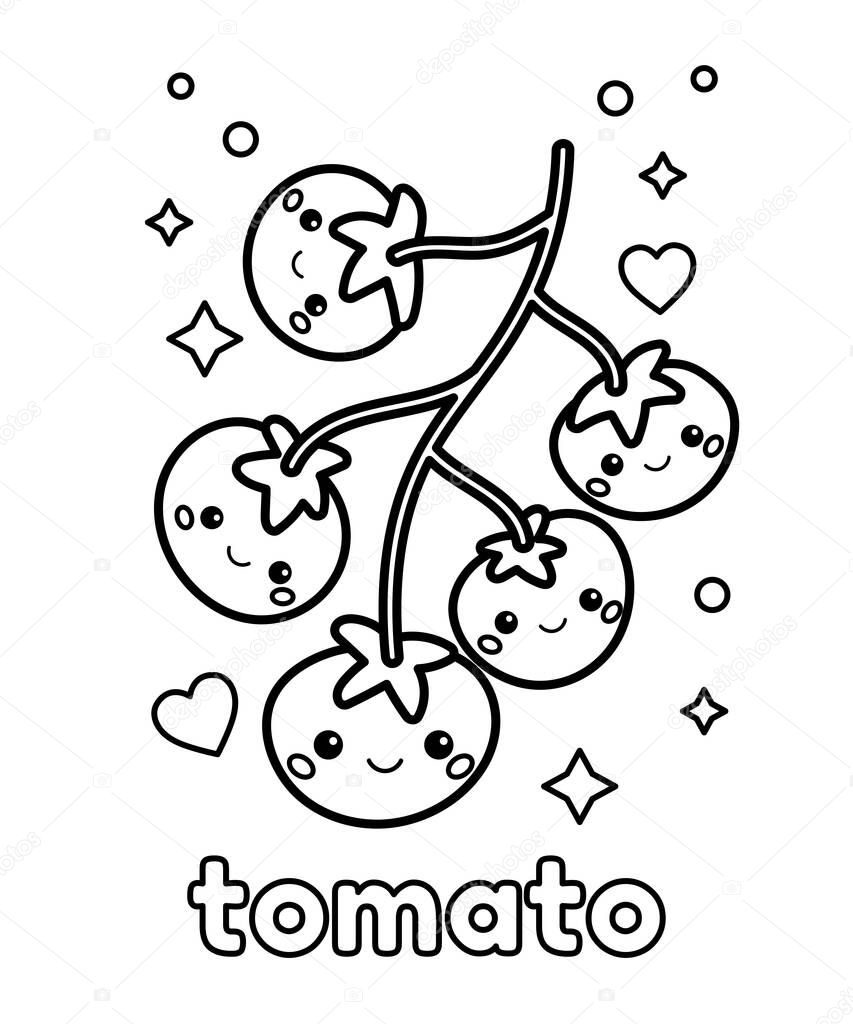 Coloring page for children. Cute cartoon tomatoes. Kawaii food with face. Learn vegetables for preschoolers. Outline black and white vector illustration.