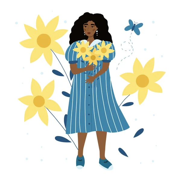 Beauty Woman Sunflowers African American Girl Blue Striped Dress Summer — Image vectorielle