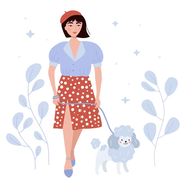 Beauty Girl Walking French Poodle Hand Drawn Person Pet White — Image vectorielle